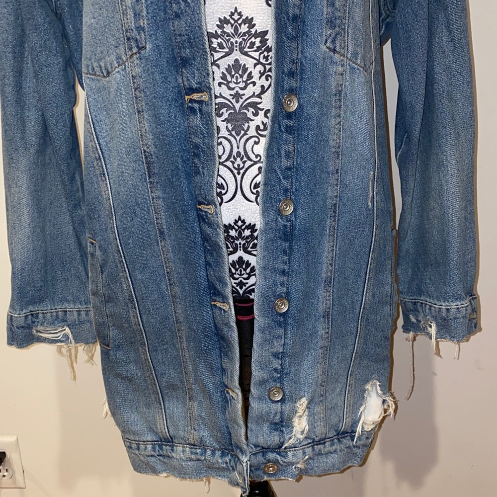 New! COSTES Blue European Made Long Distressed Denim Jacket for Women Size Large - Picture 4 of 16